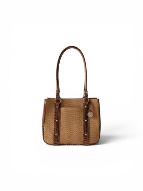 Brahmin Brown woven straw Tan Alligator Trim Double Handle Bucket tote Purse